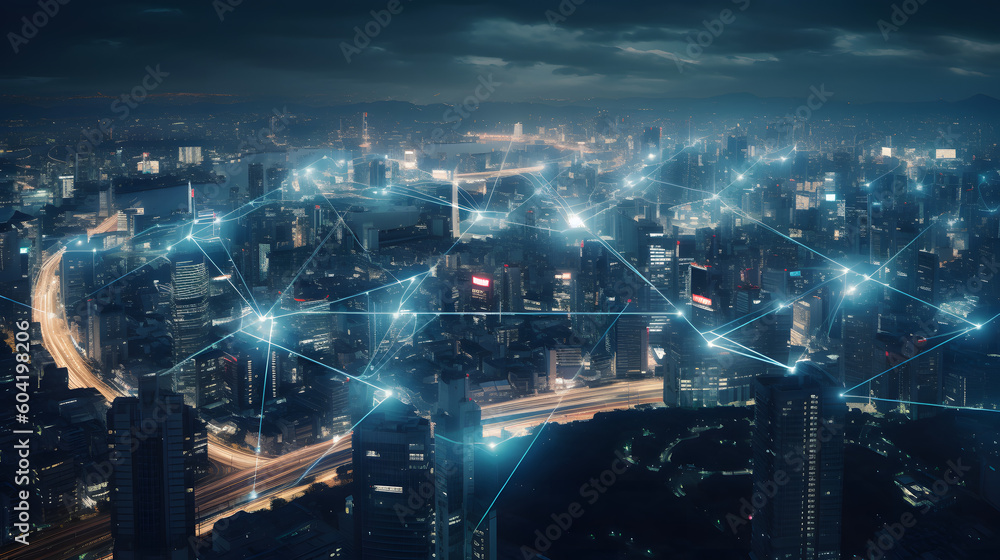 The power of connectivity in the digital age by capturing a panoramic view of a futuristic smart city Generative AI.