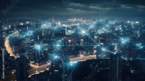 The power of connectivity in the digital age by capturing a panoramic view of a futuristic smart city Generative AI.