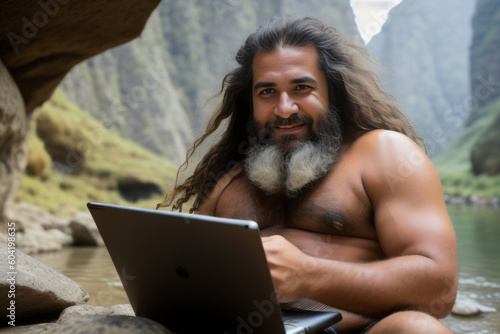 Set in cave, a prehistoric person using a laptop, emphasizing the advancement of human civilization. Past, Present, Technology concept created with generative AI. photo