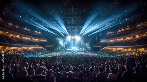 A crowded concert hall with scene stage lights. Generative Ai