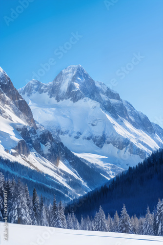 Vast mountain range with glistening snow, surrounded by lush forest and clear blue sky. Splendor, magnificence, grandeur concept created with generative AI.