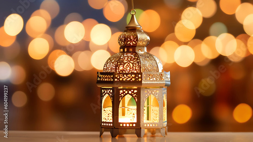 Ornamental Arabic lantern at night. Festive greeting card, invitation for Muslim holy month Ramadan Kareem, eid al adha, created using Generative AI Technology