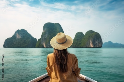 Beautiful female tourist in sun hat sitting on yacht and looking at turquoise sea and island beach in Krabi province, Thailand Generated with AI © sirisakboakaew