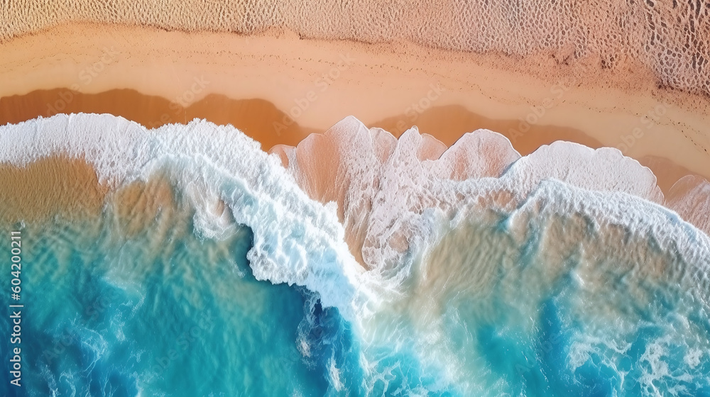 Aerial view of beach waves and fantastic sand beach, summer vacation holidays background, Generative AI Technology Aerial view of beach waves and fantastic sand beach, summer vacation holidays background, Generative AI Technology