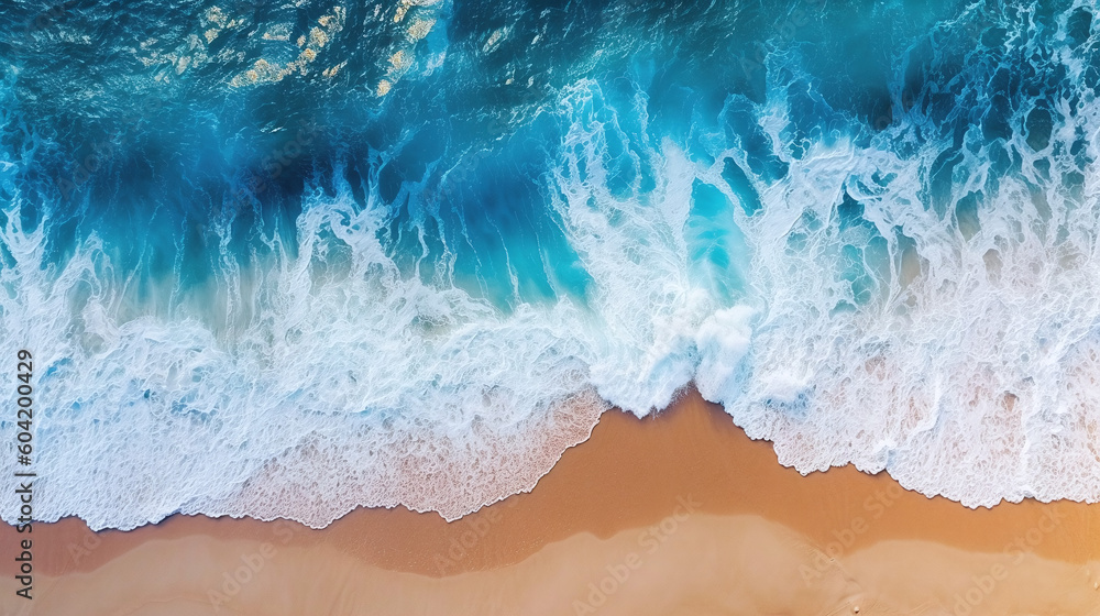 Aerial view of beach waves and fantastic sand beach, summer vacation holidays background, Generative AI Technology Aerial view of beach waves and fantastic sand beach, summer vacation holidays background, Generative AI Technology