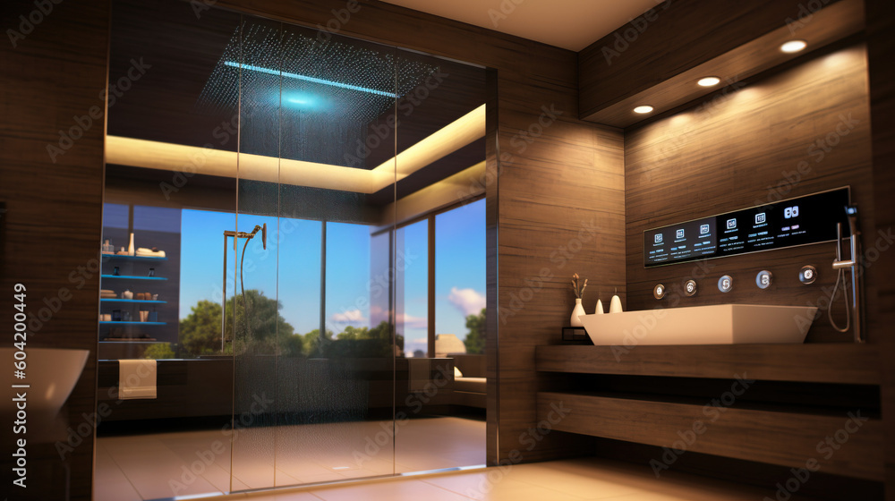 Luxurious bathroom with smart shower system and automated temperature control