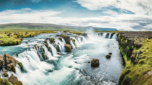Beautiful vibrant summer panorama picture with a view on icelandic waterfall. Generative Ai © PRI