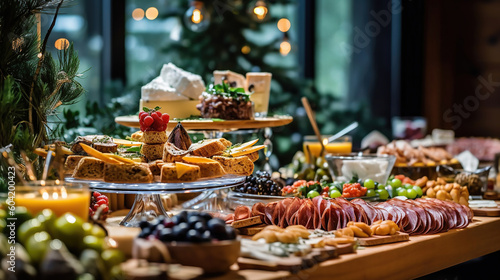 Foto Beautifully decorated catering banquet table with different food snacks and appetizers on corporate christmas birthday party event or wedding celebration