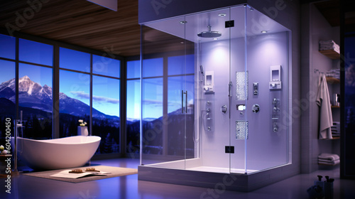 Luxurious bathroom with smart shower system and automated temperature control