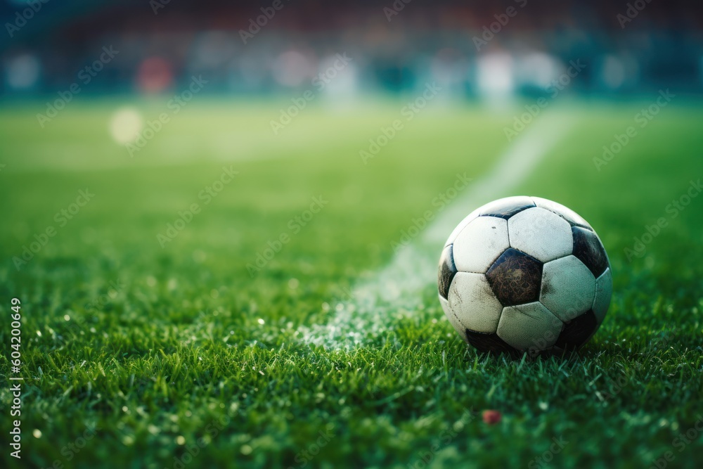 Obraz premium A Soccer ball on soccer field AI Generative