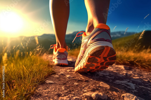 Lady trail runner on a forest path with a close-up of trail running shoes created with,Generated with AI