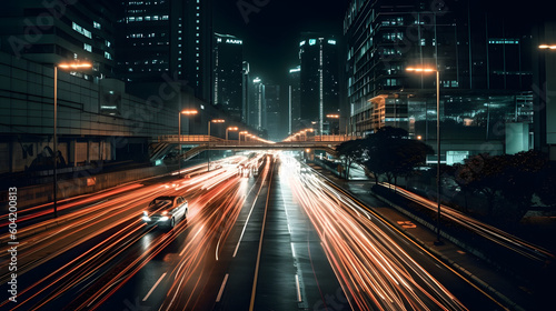 The fast-paced world of technology by capturing a long-exposure shot of streaking lights from moving vehicles on a city highway at night. Generative AI. 