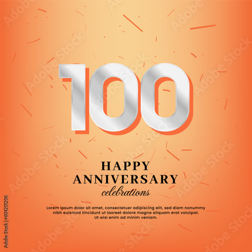 100th anniversary vector template with a white number and confetti spread on an orange background