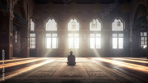 Religious muslim man praying inside the mosque. Generative Ai photo