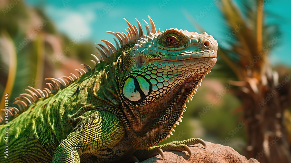 Obraz premium portrait of macro shot on iguana head. Generative Ai
