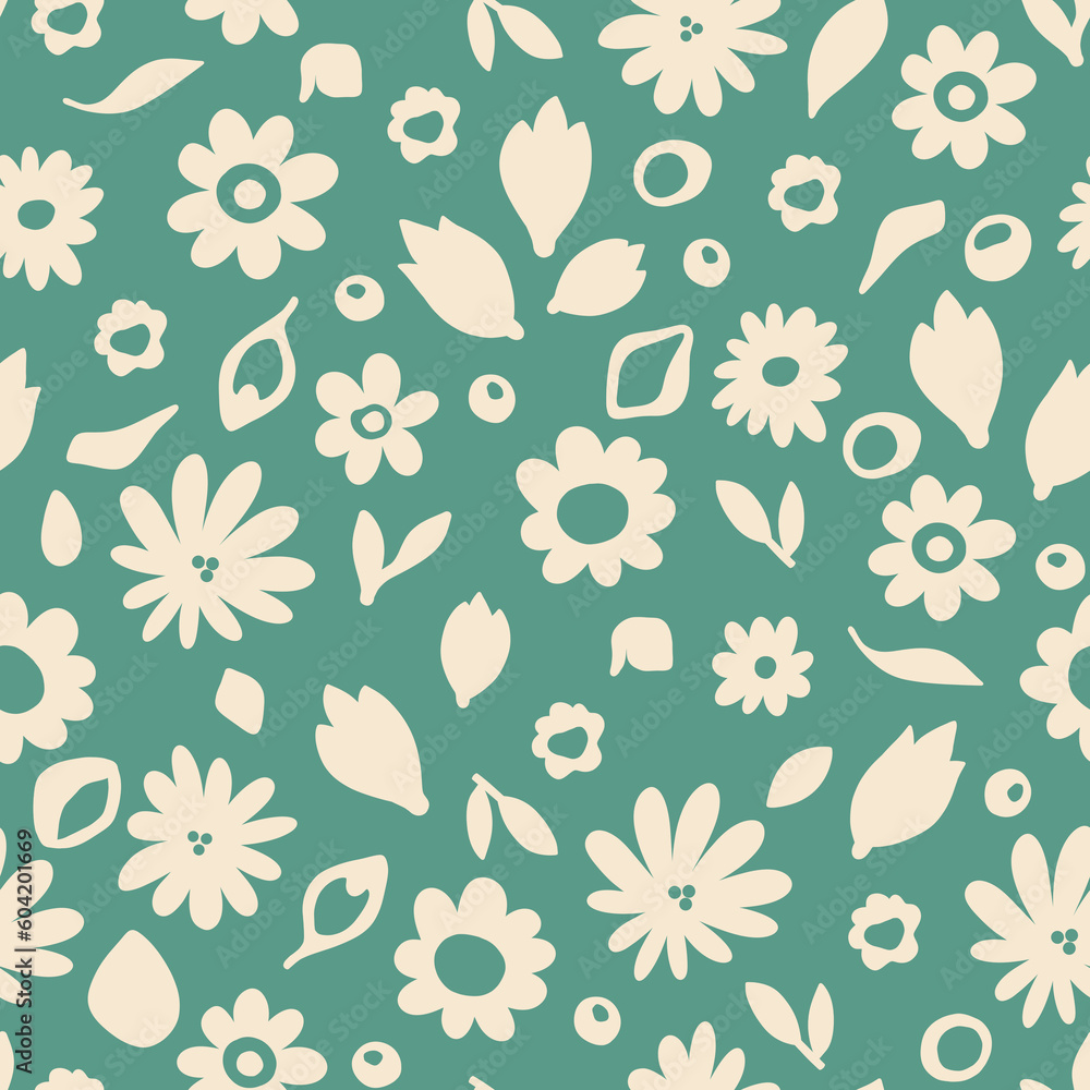 Naklejka premium Scribbled white flowers seamless pattern. Hand drawn flowers and leaves on pastel green background. Sketch stylized floral allover print