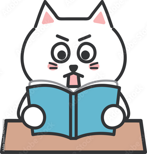 White cartoon cat surprised by the unexpected story development. Vector illustration.