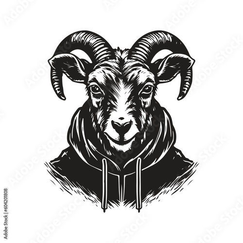 goat wearing hoodie, vintage logo line art concept black and white color, hand drawn illustration