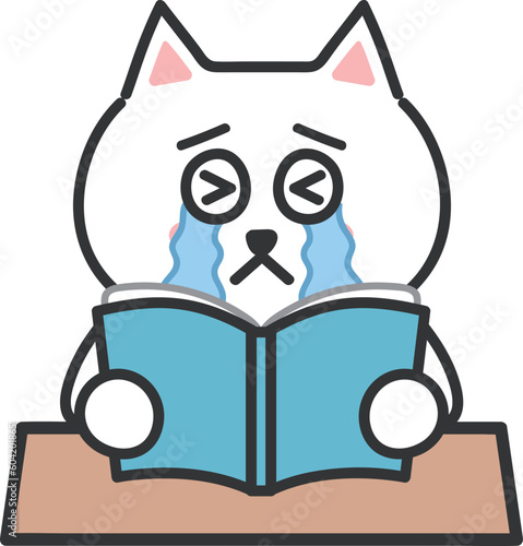 White cartoon cat burst into tears with a book, vector illustration.