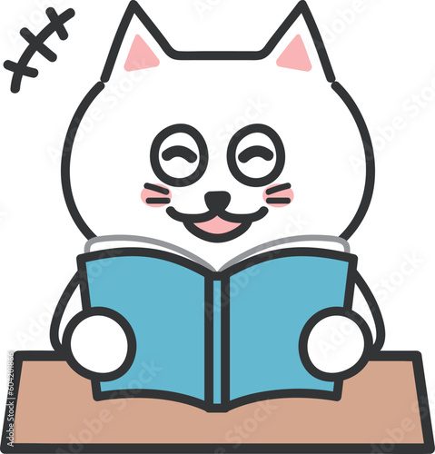 Happy white cartoon cat reading a book with laughter, vector illustration.