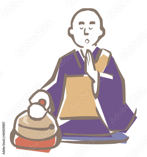 お経をあげるお坊さん、ベクターイラスト