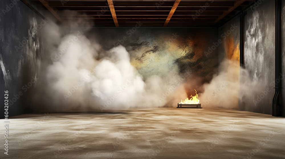 Obraz premium Room with concrete floor and smoke with dark wall background. Generative Ai