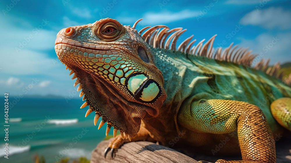 Fototapeta premium portrait of macro shot on iguana head. Generative Ai