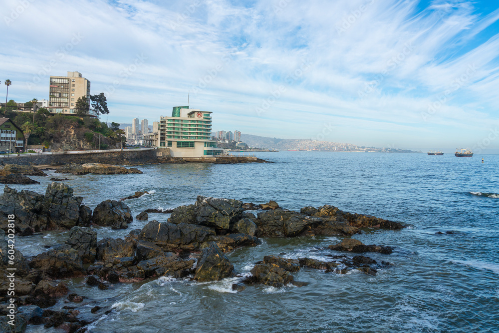 Rocky coastline with Sheraton Miramar hotel, Vina del Mar, Valparaiso Region, Chile Rocky coastline with Sheraton Miramar hotel, Vina del Mar, Valparaiso Region, Chile