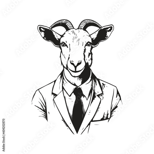 goat wearing suit, vintage logo line art concept black and white color, hand drawn illustration