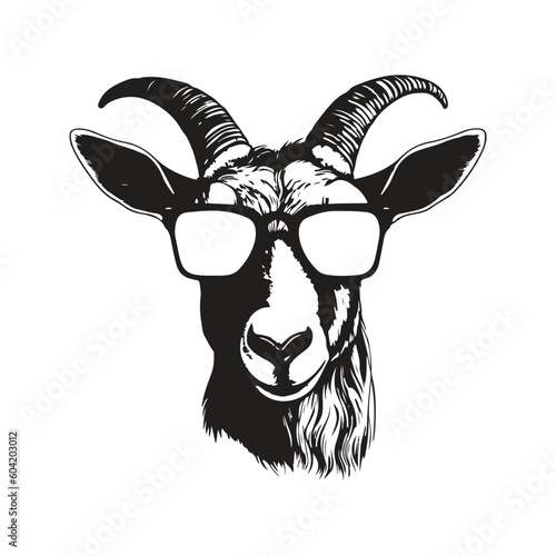 goat wearing sunglasses, vintage logo line art concept black and white color, hand drawn illustration