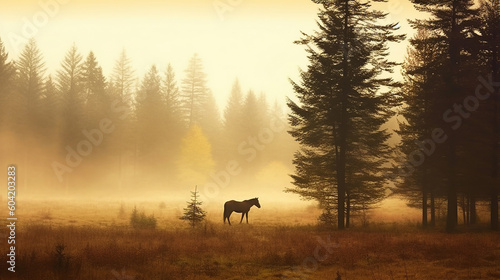 Autumn foggy landscape. Silhouette of a horse grazing in a clear