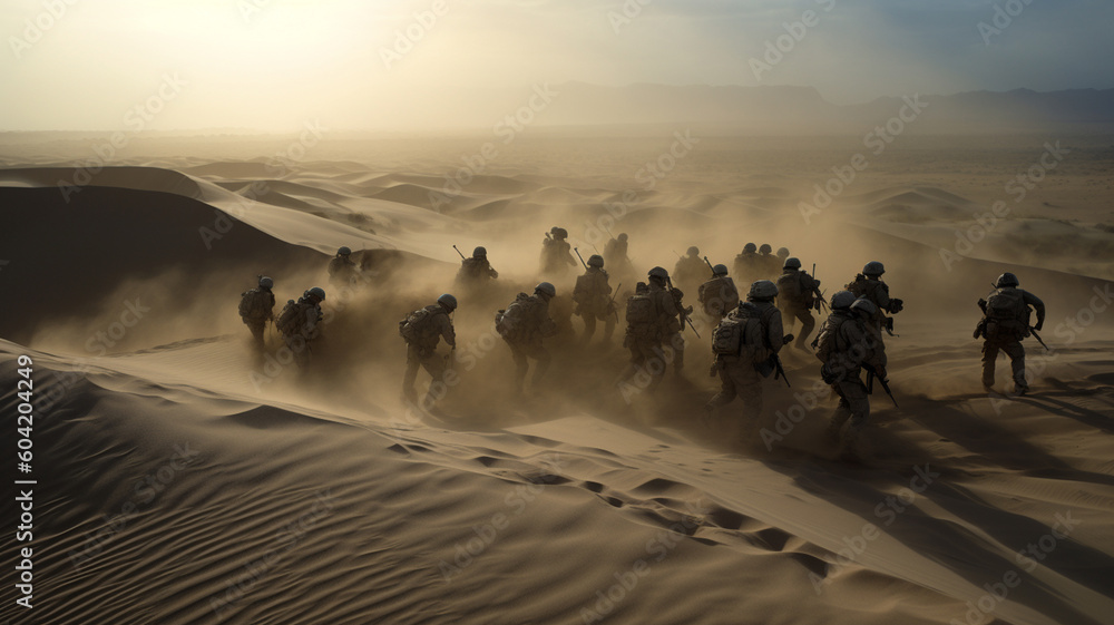 Soldiers at desert go to war, Battle soldiers, generative ai