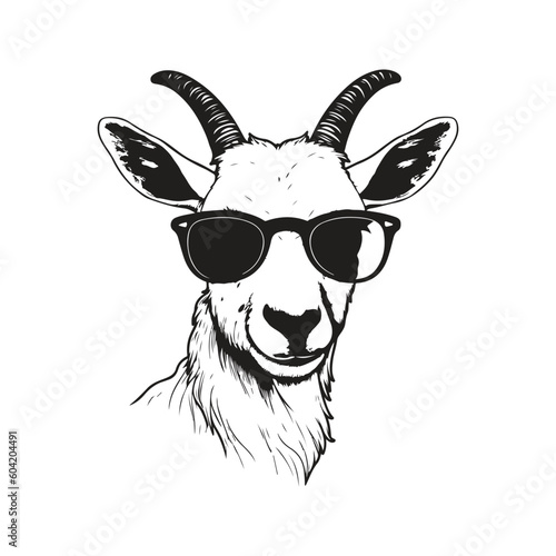 goat wearing sunglasses, vintage logo line art concept black and white color, hand drawn illustration