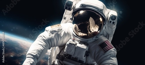 American astronaut spacewalk at the earth orbit. Generative AI technology.