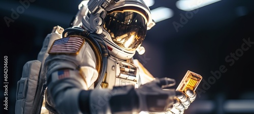 American astronaut playing phone. Generative AI technology.