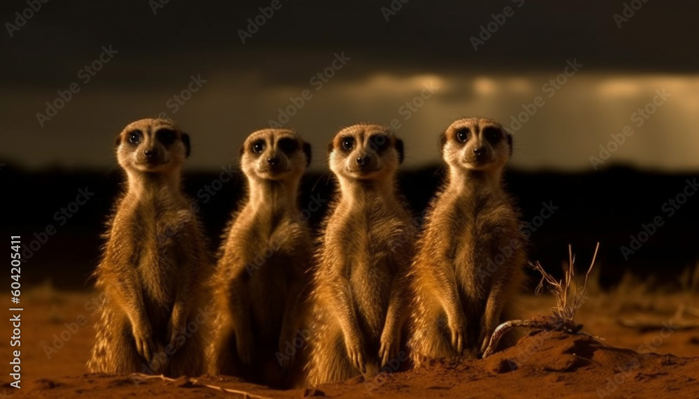 Fototapeta premium Small meerkat family standing alert, watching wilderness dusk generated by AI