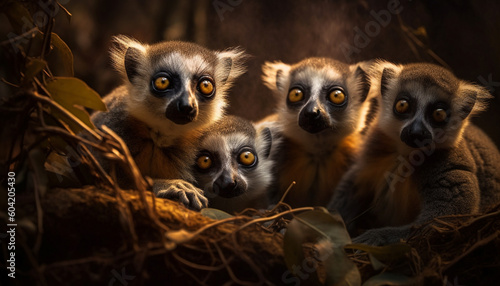Ring tailed lemurs sitting in a row staring generated by AI © Stockgiu