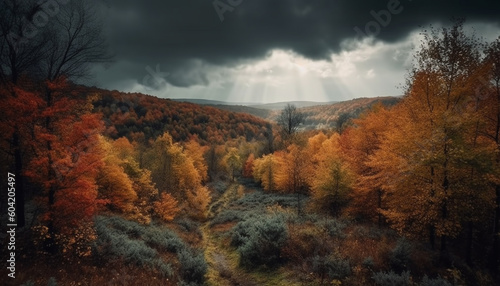 Tranquil autumn forest, vibrant colors, beauty everywhere generated by AI