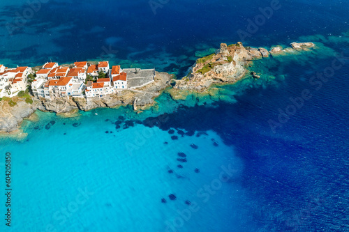 Aerial drone view of iconic and picturesque Andros (Chora) Andros Island, Cyclades, Greek Islands, Greece photo