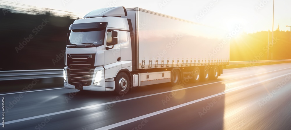 Delivery truck european style. Cargo courier transport concept. Motion blur road background. Generative AI technology. - obrazy, fototapety, plakaty 