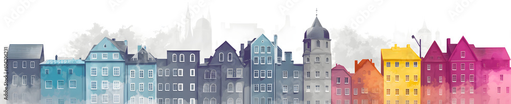 白い背景に彩り豊かな建物が並ぶ No.017 | Colorful Buildings on a White Background Generative AI