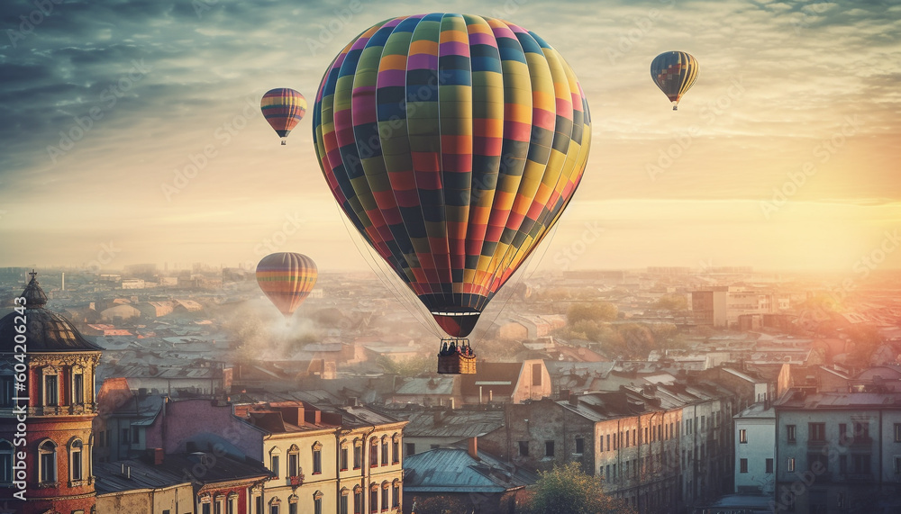 Hot air balloon flying over urban skyline generated by AI Hot air balloon flying over urban skyline generated by AI