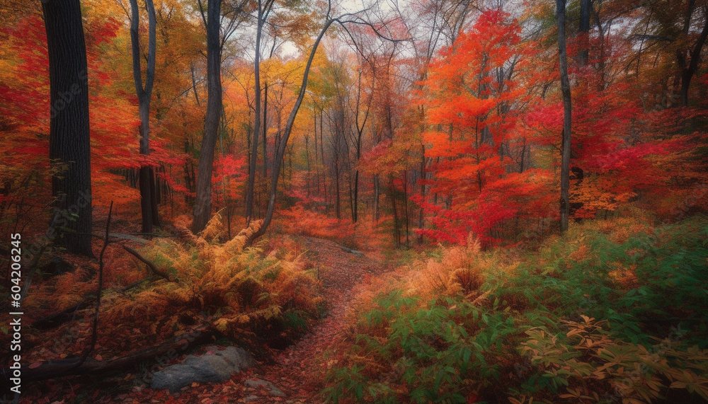Vibrant autumn colors adorn tranquil rural scene generated by AI