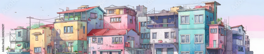 白い背景に彩り豊かな建物が並ぶ No.010 | Colorful Buildings on a White Background Generative AI