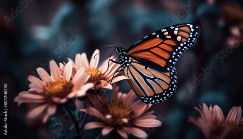 Monarch butterfly pollinates vibrant daisy in summer generated by AI © Stockgiu