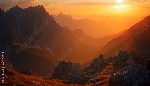 Majestic mountain peak back lit by sunrise generated by AI © Stockgiu