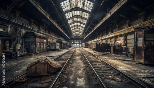 Vanishing point of old, spooky abandoned factory generated by AI