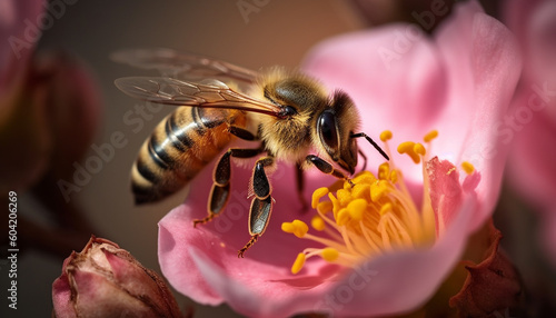 Busy bee pollinates single flower in springtime generated by AI