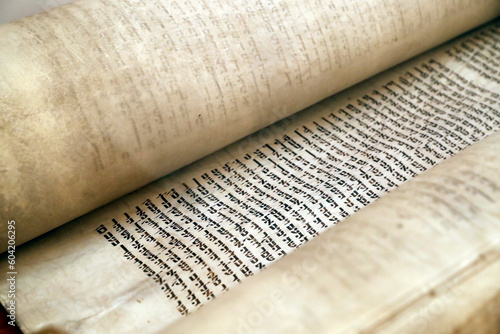 Close-up detail of traditional old Torah scroll book, Jewish Museum of Florida, Miami Beach, Florida, United States of America photo