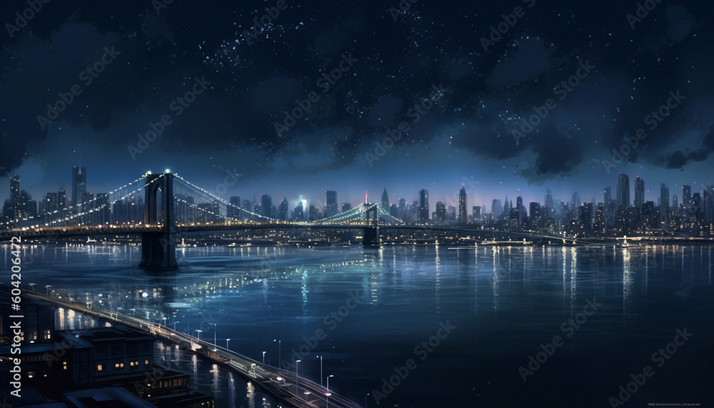 Fototapeta premium Bright city lights illuminate futuristic suspension bridge generated by AI